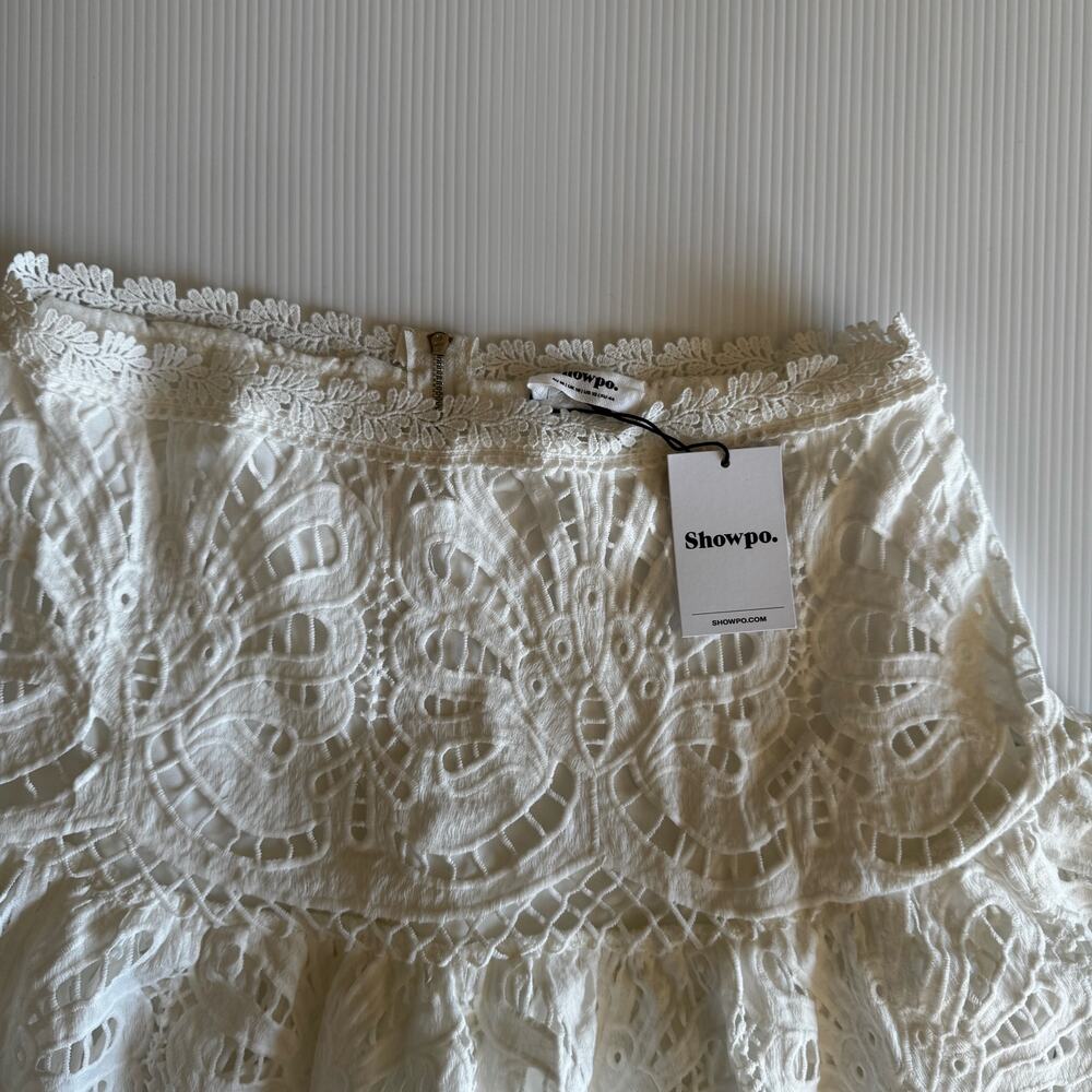 Showpo Kiss Me Softly White Lace Ruffle Mini Skirt US 12 NWT Coquette Boho Fairy - Picture 5 of 16